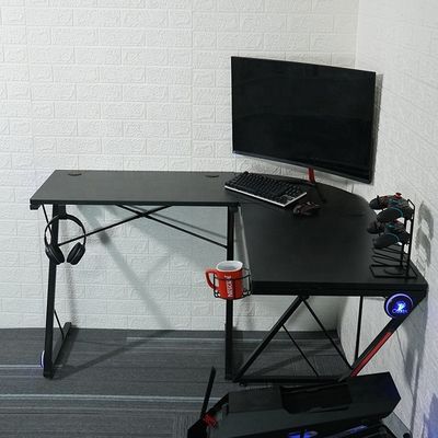 Spazio di lavoro Home Office Tavolo da gioco a forma di L con supporto per monitor rotondo