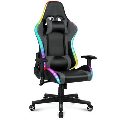 Confortevole sedia girevole in pelle finta per giochi con barra luminosa a LED e funzione di massaggio