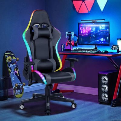 Confortevole sedia girevole in pelle finta per giochi con barra luminosa a LED e funzione di massaggio