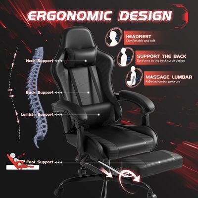 Sedia da gioco per computer ergonomica in stile moderno con poggiapiedi e supporto lombare per massaggi