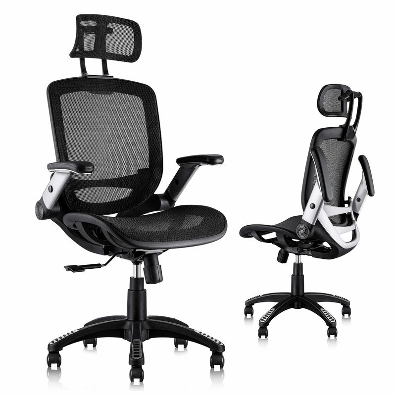 Sedile ergonomico a schiena alta con poggiatesta regolabile e sedile sollevato in stile flip arm