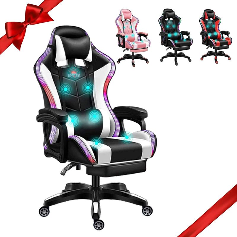 Poltrona da gioco per massaggi PC ALINUNU Poltrona LED a ruota con altoparlanti e cuscino lombare